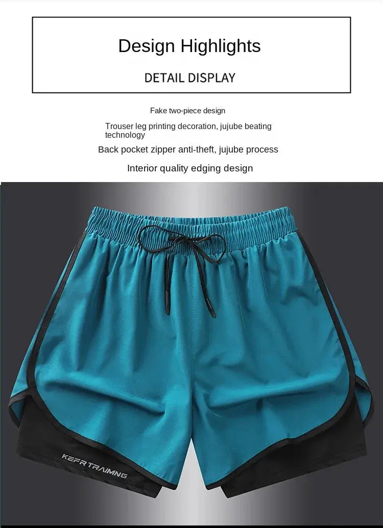 Turquoise quick-dry running shorts with black trim and drawstring, KEFA TRAINING branding.