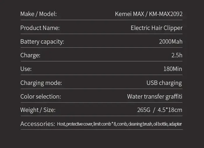 Kemei MAX electric hair clipper by Simples Market with graffiti pattern, USB charging, 2000mAh battery.