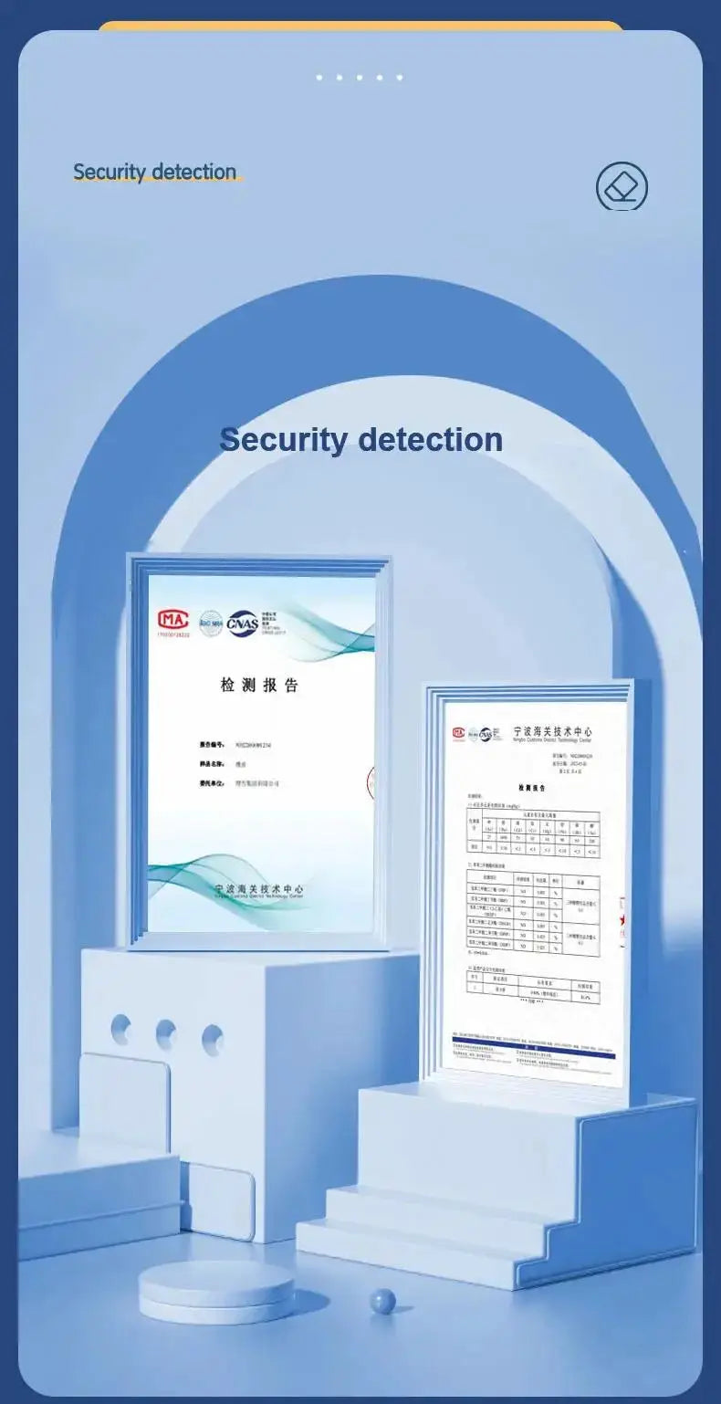 Blue display with framed certificates and curved arches, security detection signage in the background.