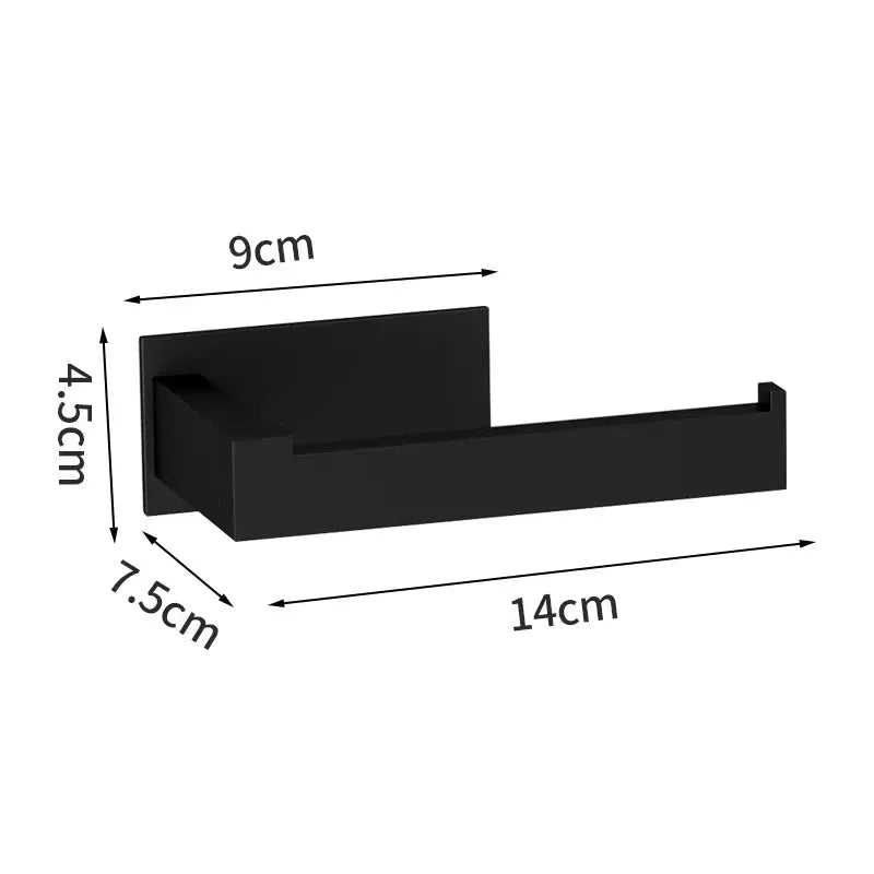 Simples Market black 4-piece bathroom hardware set with self-sticking robe hook, towel rail bar, towel bar, and paper holder.