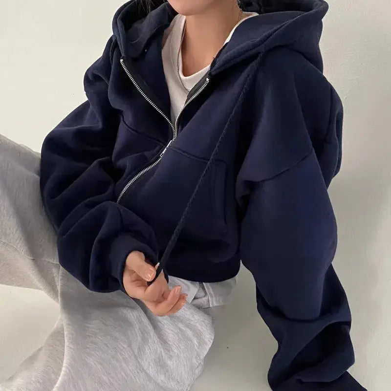 NovaLine Cropped Fleece-Lined Zip Hoodie For Women Warm Versatile Hooded Sweatshirt With Smooth Silhouette
