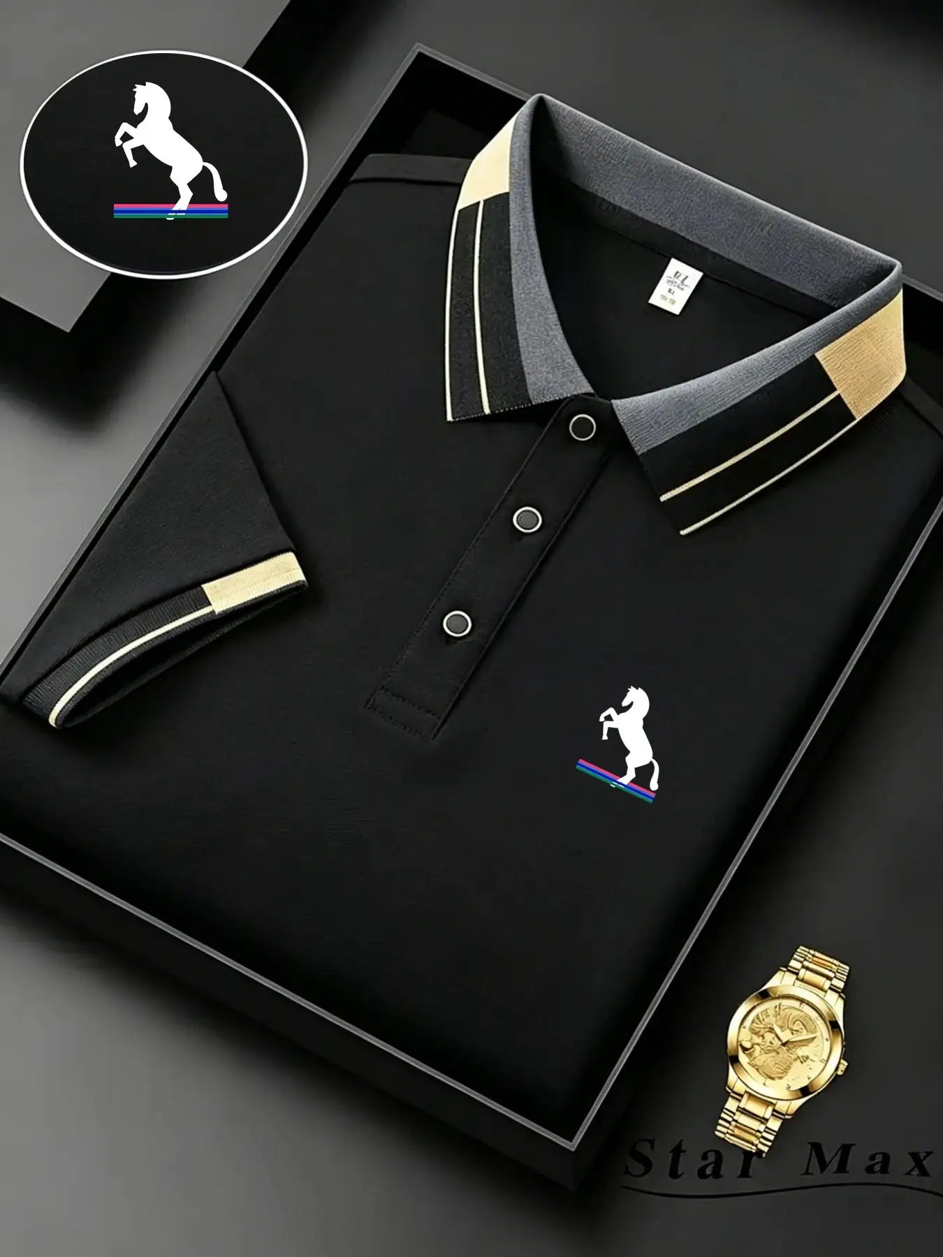 Men's polo shirt with horse embroidery; black Milan-style design, beige-gray collar and striped trim, Simples Market.