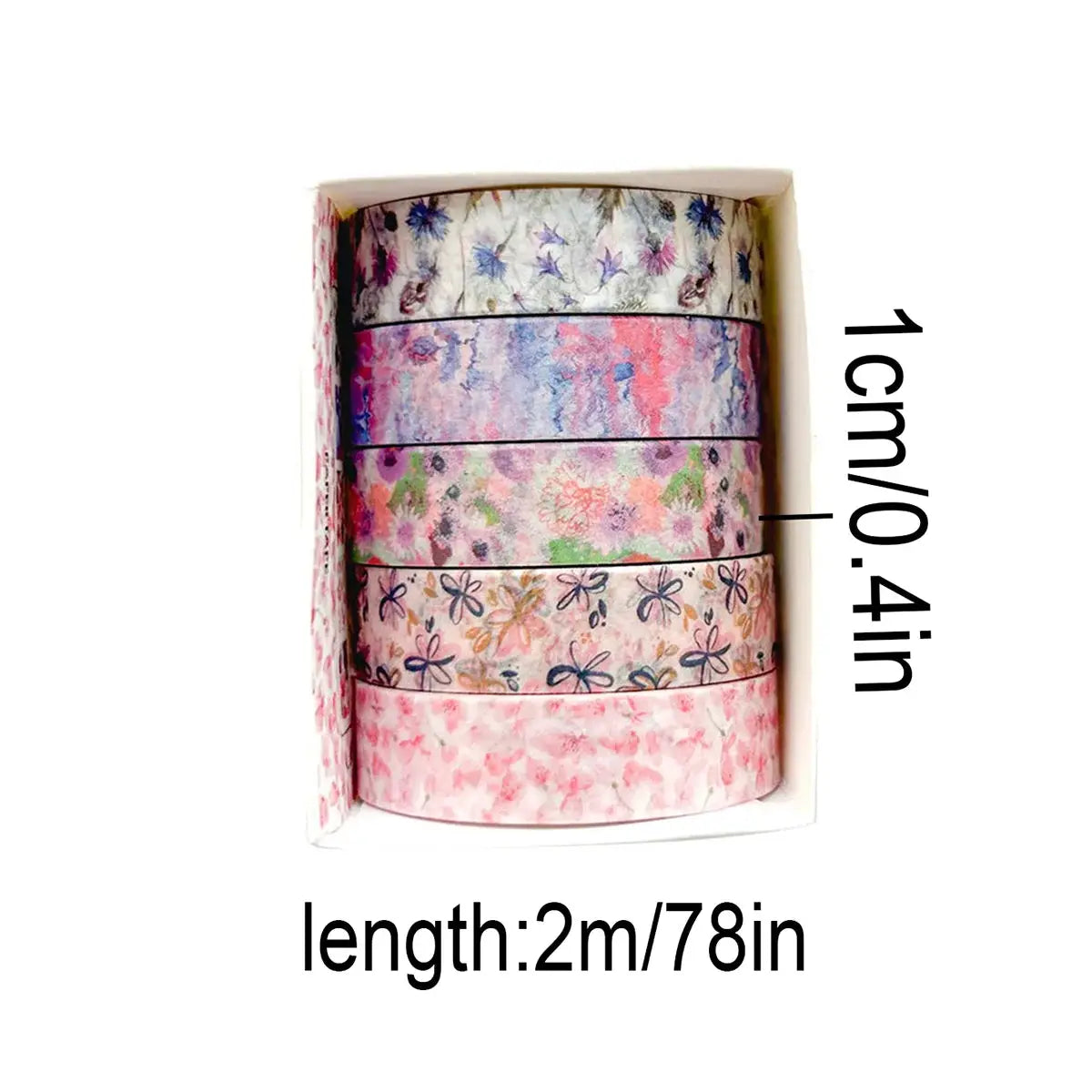 Five floral washi tape rolls in a Simples Market boxed set, pastel flower patterns, each roll 2m.
