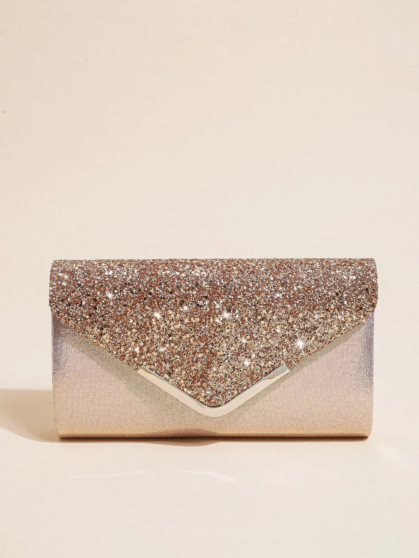 Simples Market sequin envelope clutch purse; rose-gold glitter flap with champagne body for party