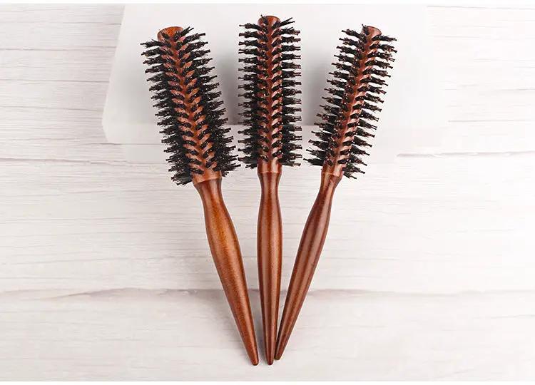 Three wood-handle round barrel hair brushes with boar bristles for styling