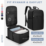 Simples Market black cabin backpack with front mesh pocket; fits Ryanair 40x20x25 and EasyJet 45x36x20.