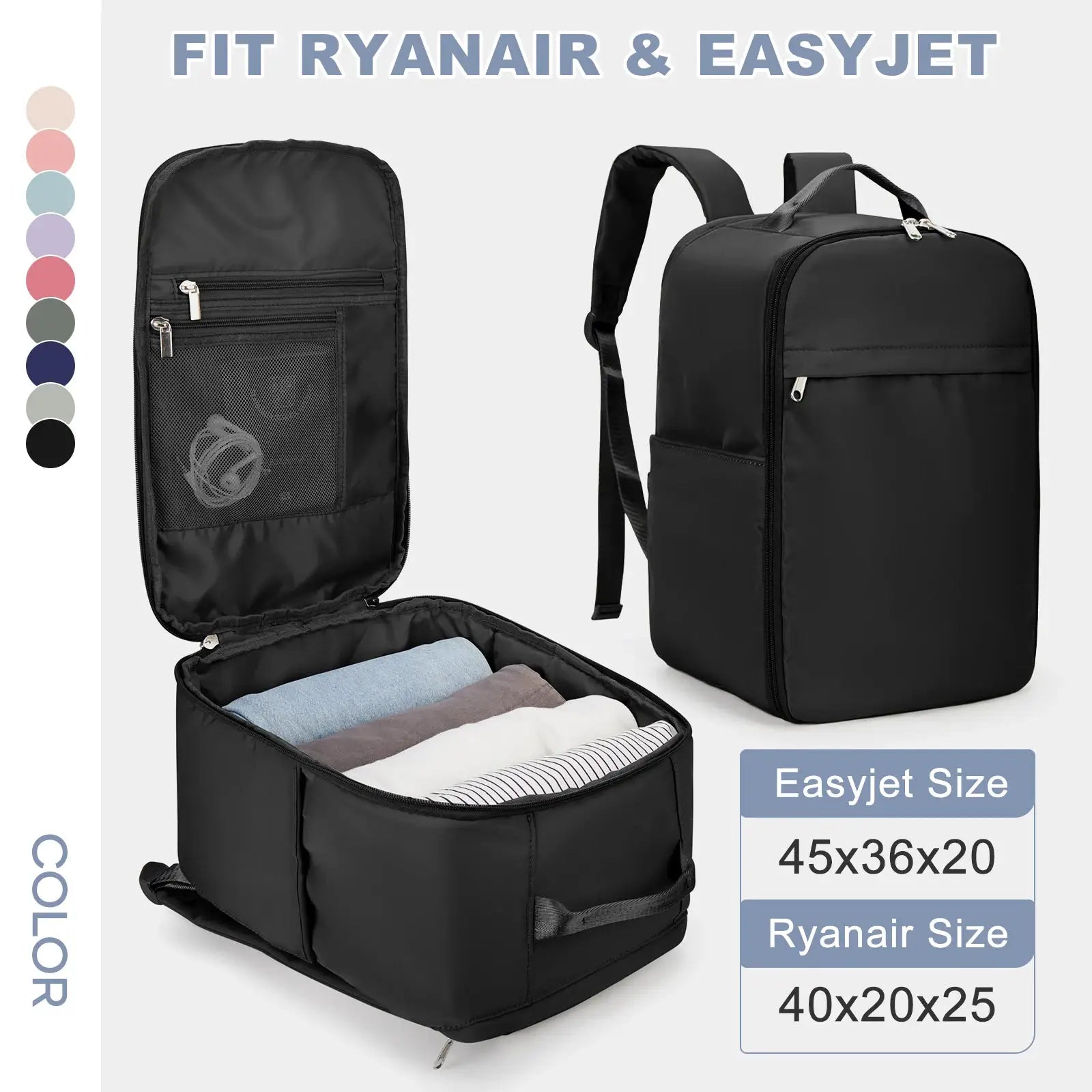 Simples Market black cabin backpack with front mesh pocket; fits Ryanair 40x20x25 and EasyJet 45x36x20.