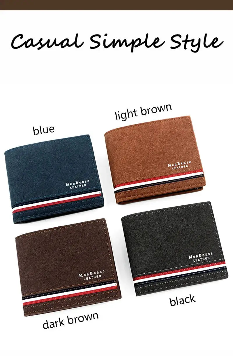 Four slim PU leather wallets by MenBense Leather in blue, light brown, dark brown and black with red-white stripe