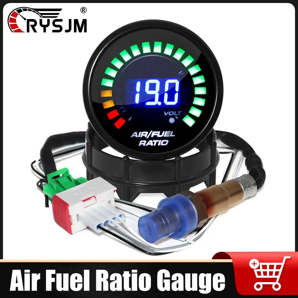 Air fuel ratio gauge 52mm (2'') with blue digital readout and green LED arc; includes wiring harness and O2 sensor