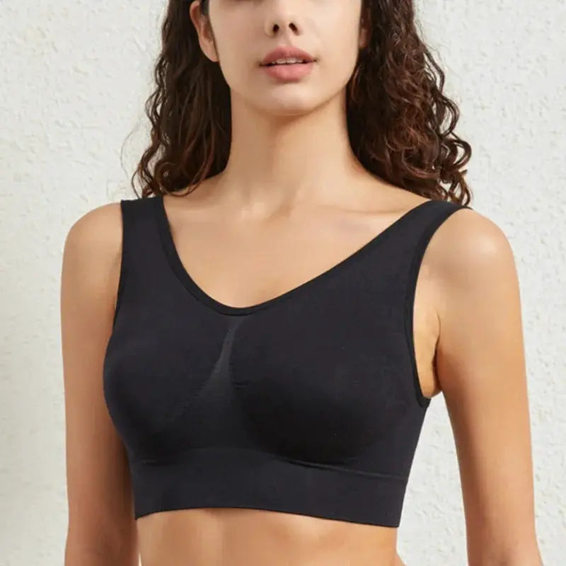 Women wide-strap seamless tank bra, black wireless bralette without padding