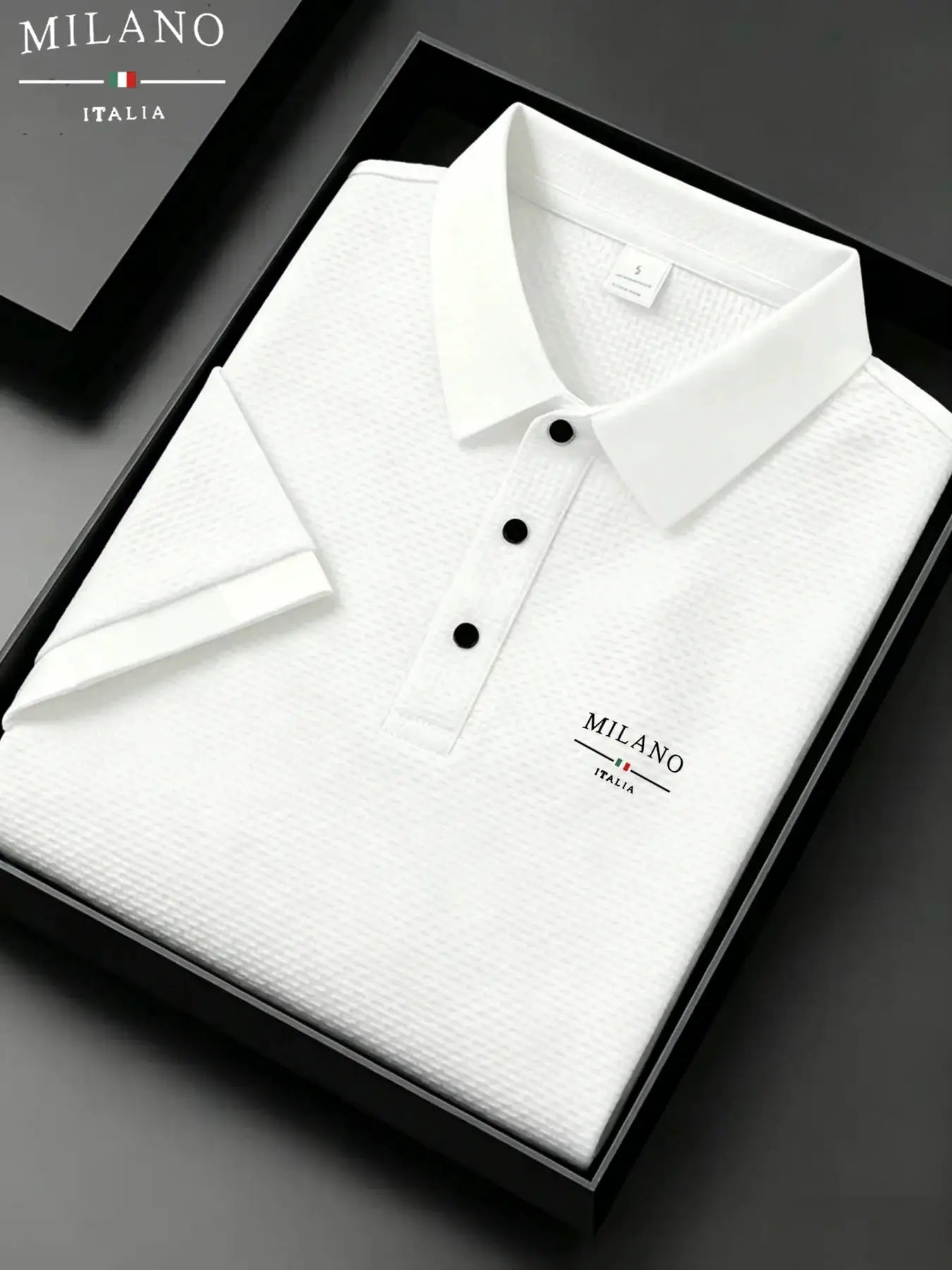 Men's white short-sleeve polo shirt with textured knit, black button placket, Milano Italia logo.