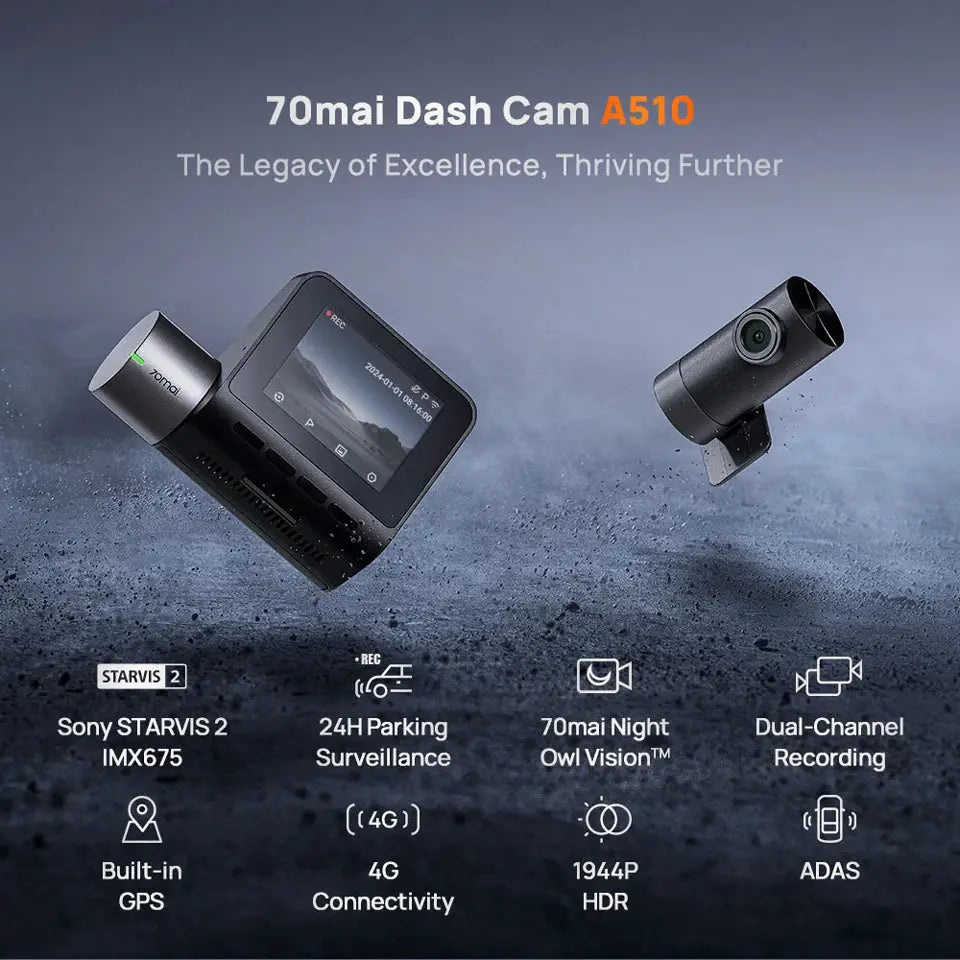 70mai Dash Cam A510 with front and rear cameras, 1944P HDR, 4G connectivity
