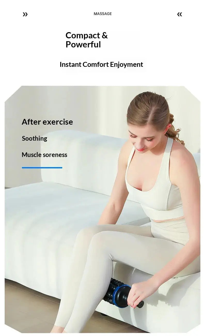 Rechargeable rolling percussion massager, black with blue accents, handheld roller for foot, back, and leg.