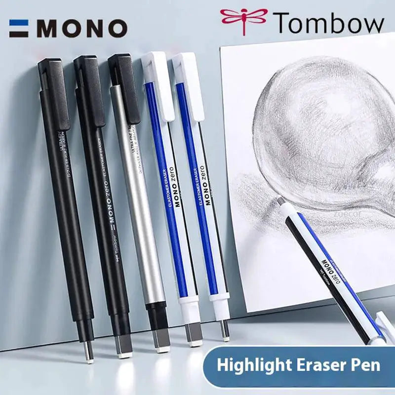 Tombow Mono Zero precision eraser pens set in black, silver, and blue with white caps; metal tips visible