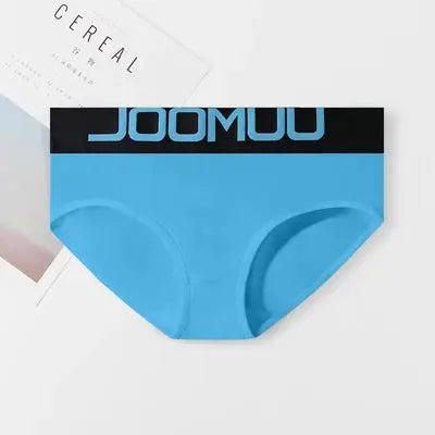 Blue cotton women's panties with a black JOOMOO waistband, breathable boyshorts-style underwear