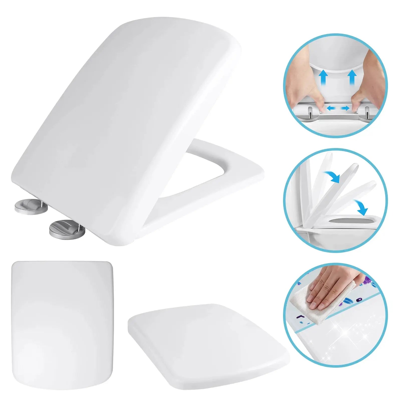Simples Market white toilet seat with soft-close adjustable hinges; easy to install and clean bathroom fixture