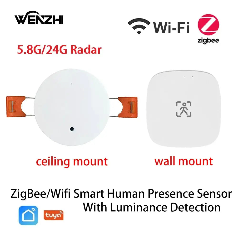 ZigBee WiFi presence sensor set: white round ceiling mount and white square wall mount units with luminance