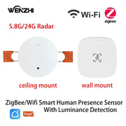 ZigBee WiFi presence sensor set: white round ceiling mount and white square wall mount units with luminance
