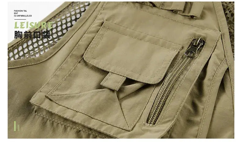Khaki men's outdoor mesh vest with multiple pockets, zippered chest pocket, and breathable mesh back.
