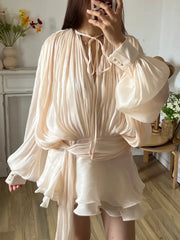 Twotwinstyle Solid Blouse Mini Dress For Women V Neck Long Sleeve Lace