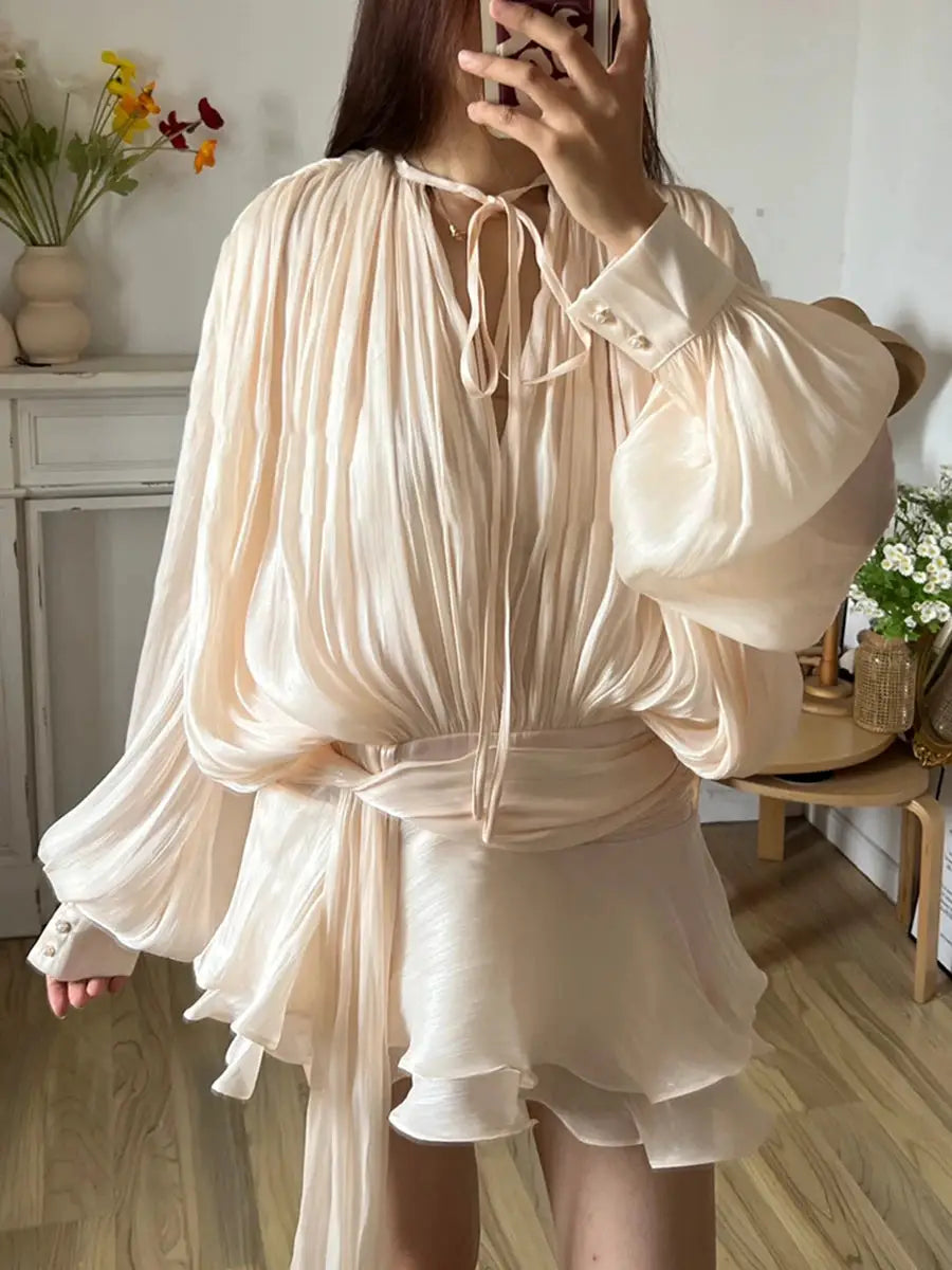 Twotwinstyle Solid Blouse Mini Dress For Women V Neck Long Sleeve Lace