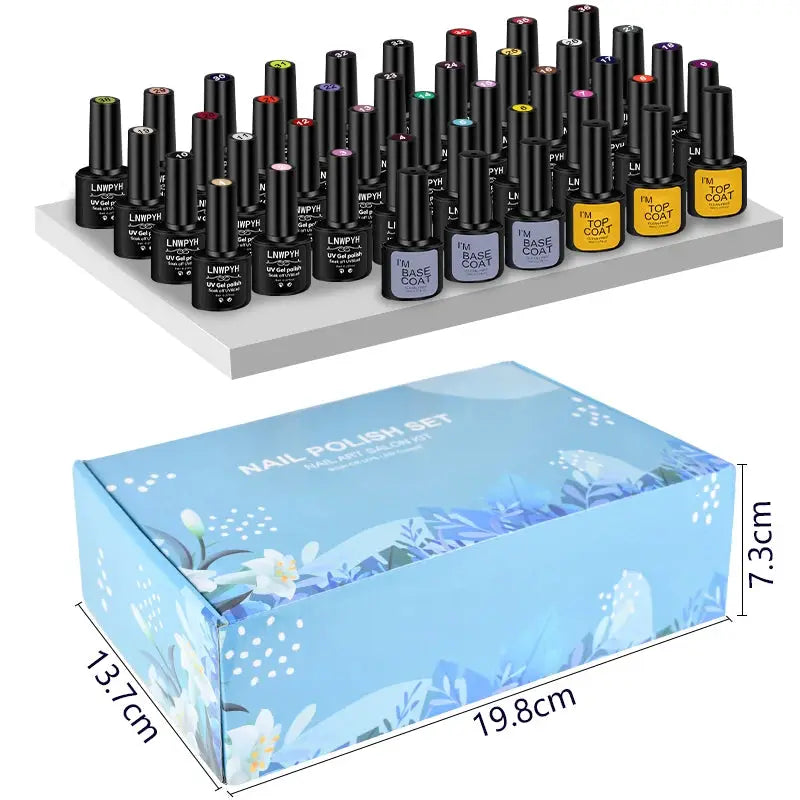 42-piece Simples Market gel nail polish kit with UV/LED gels and base/top coats, shown with a blue floral box.