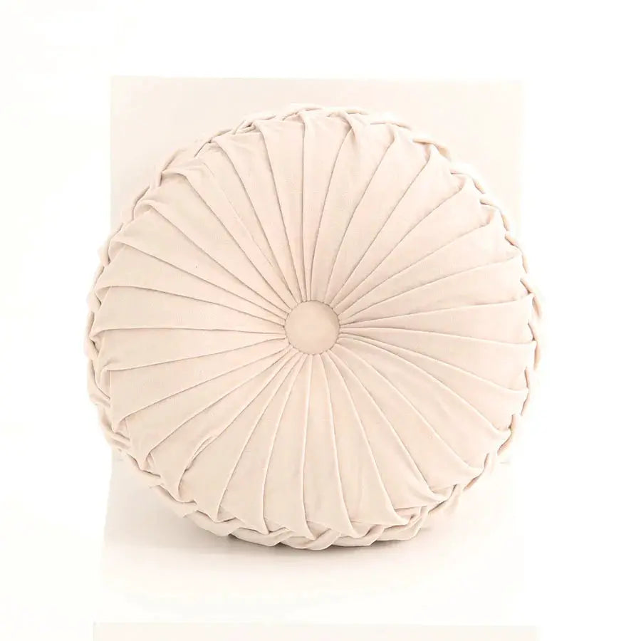 Round throw pillow by Simples Market, hand-sewn pleated 3D Dutch velvet pumpkin design, ivory beige