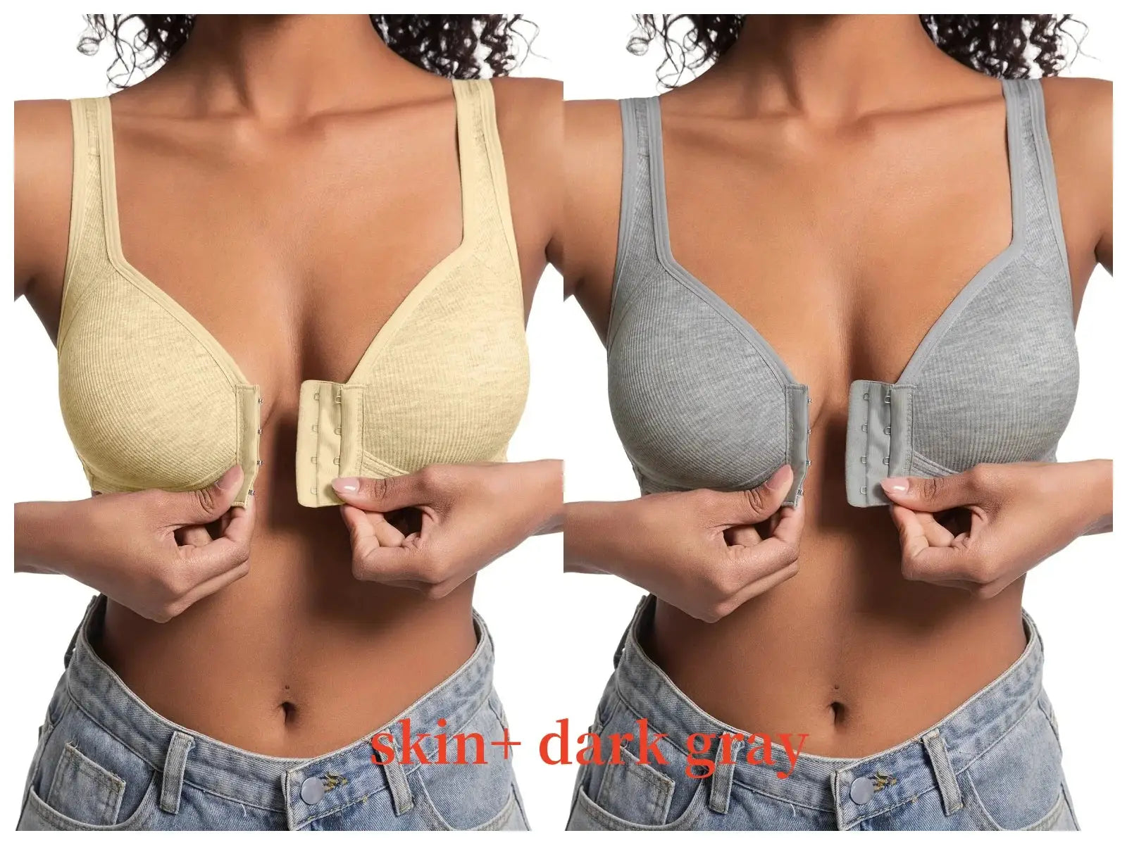 Two wire-free front-closure full-coverage bras in beige and gray
