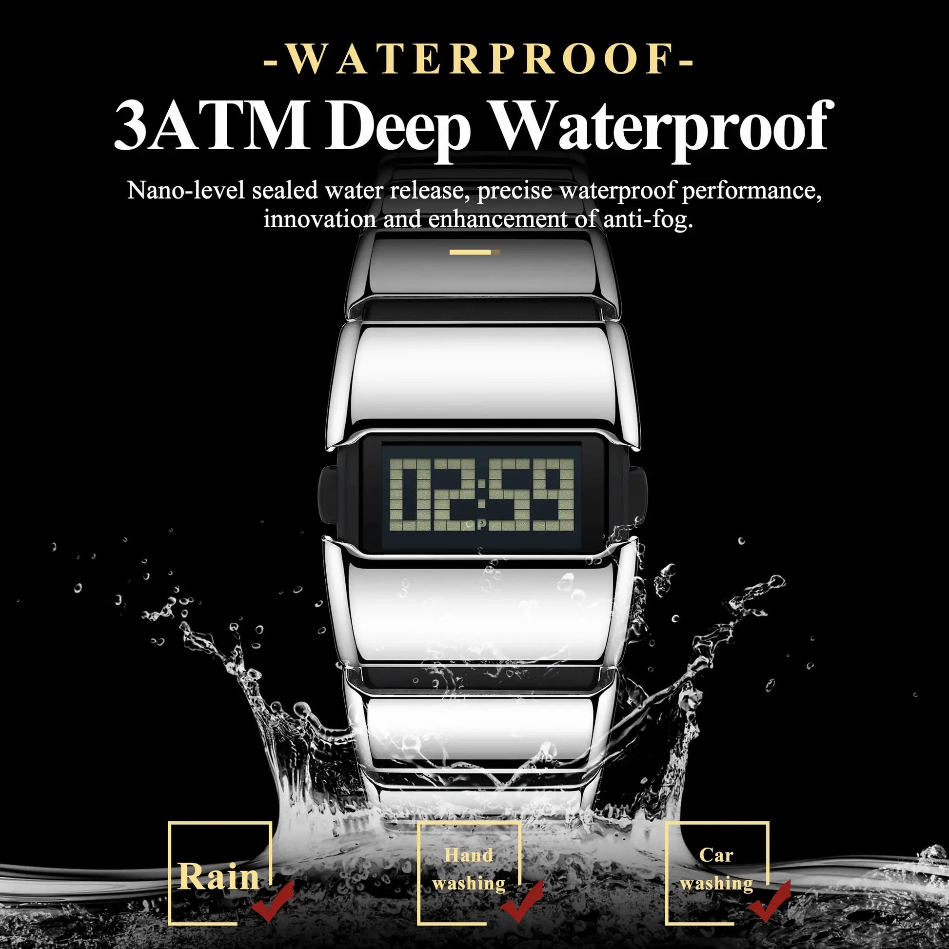 POEDAGAR LED digital men's watch in stainless steel with 3ATM waterproof rating