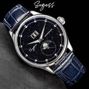 Sugess Moonphase men's watch with starry blue dial, stainless steel case, blue leather strap.