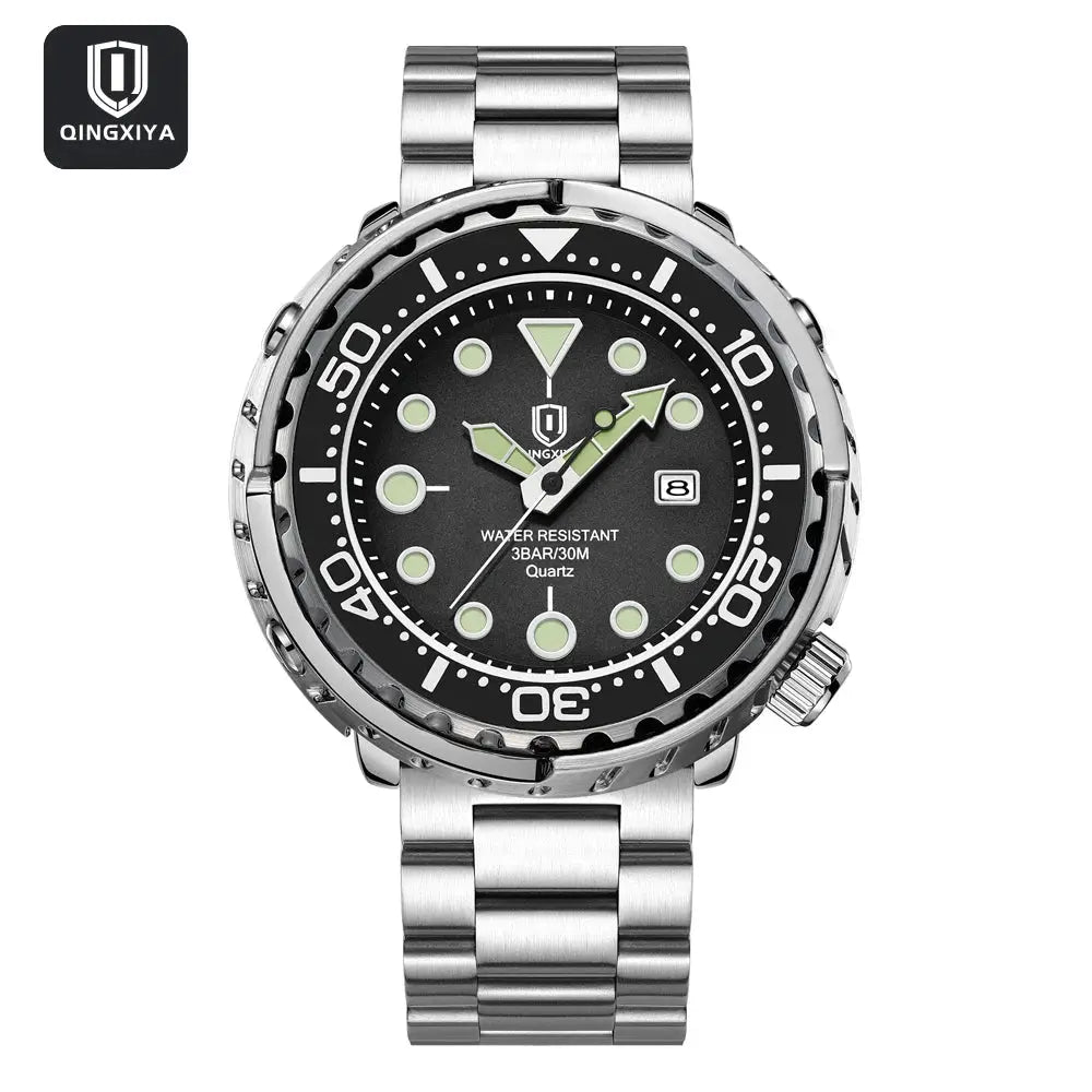 QINGXIYA men's quartz watch with stainless steel bracelet, black dial, luminous markers, date window