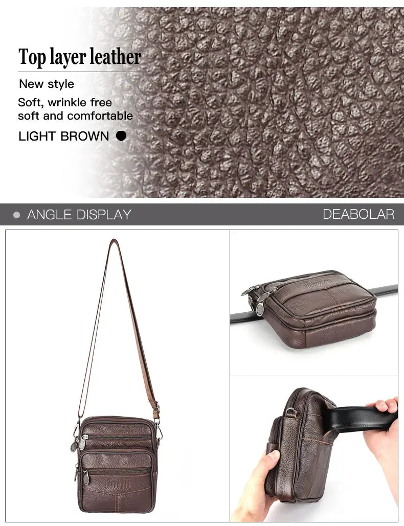 Simples Market men's genuine leather crossbody bag, brown with multiple zipper pockets and adjustable strap