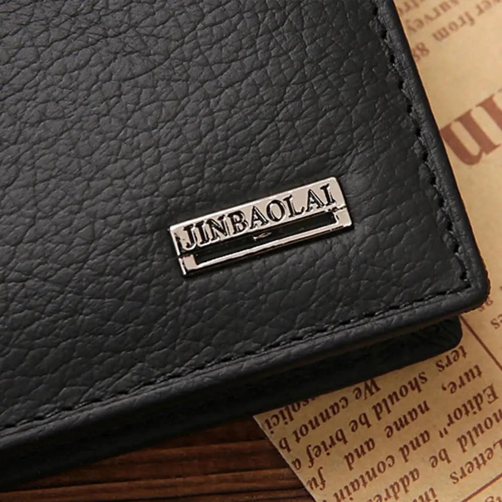 Black genuine leather men's wallet with metal JINBAOLAI brand plaque and coin pocket card holder.