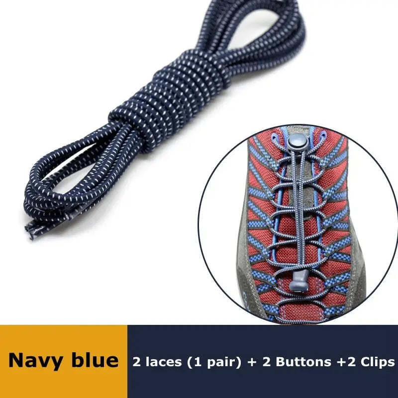 Simples Market navy blue elastic no-tie shoelaces for sneakers; 1 pair with 2 buttons and 2 clips.