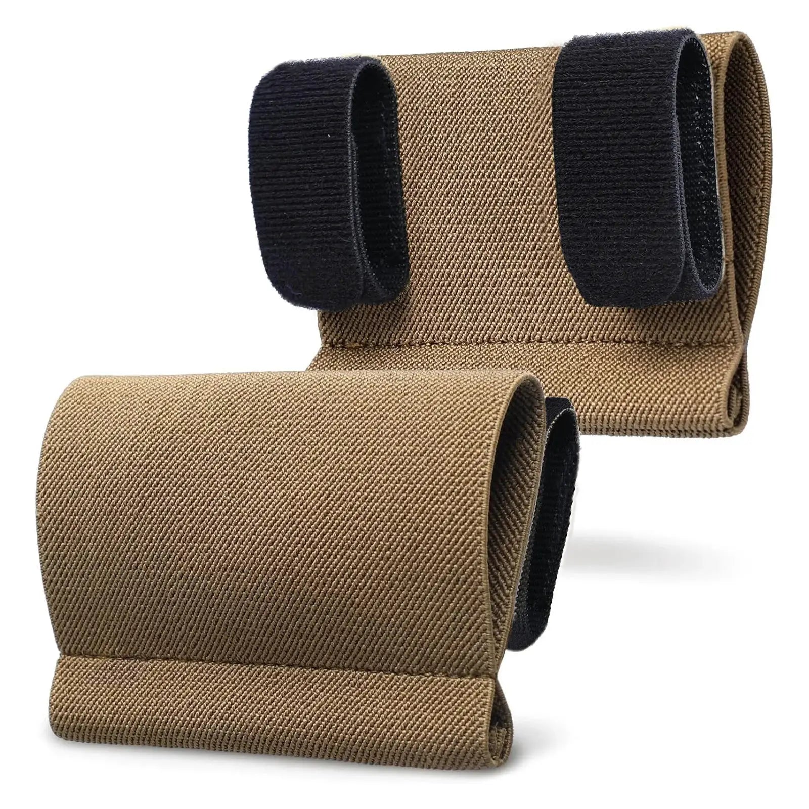 Elastic tourniquet holder sleeve trio in tan with black Velcro closures for belt use