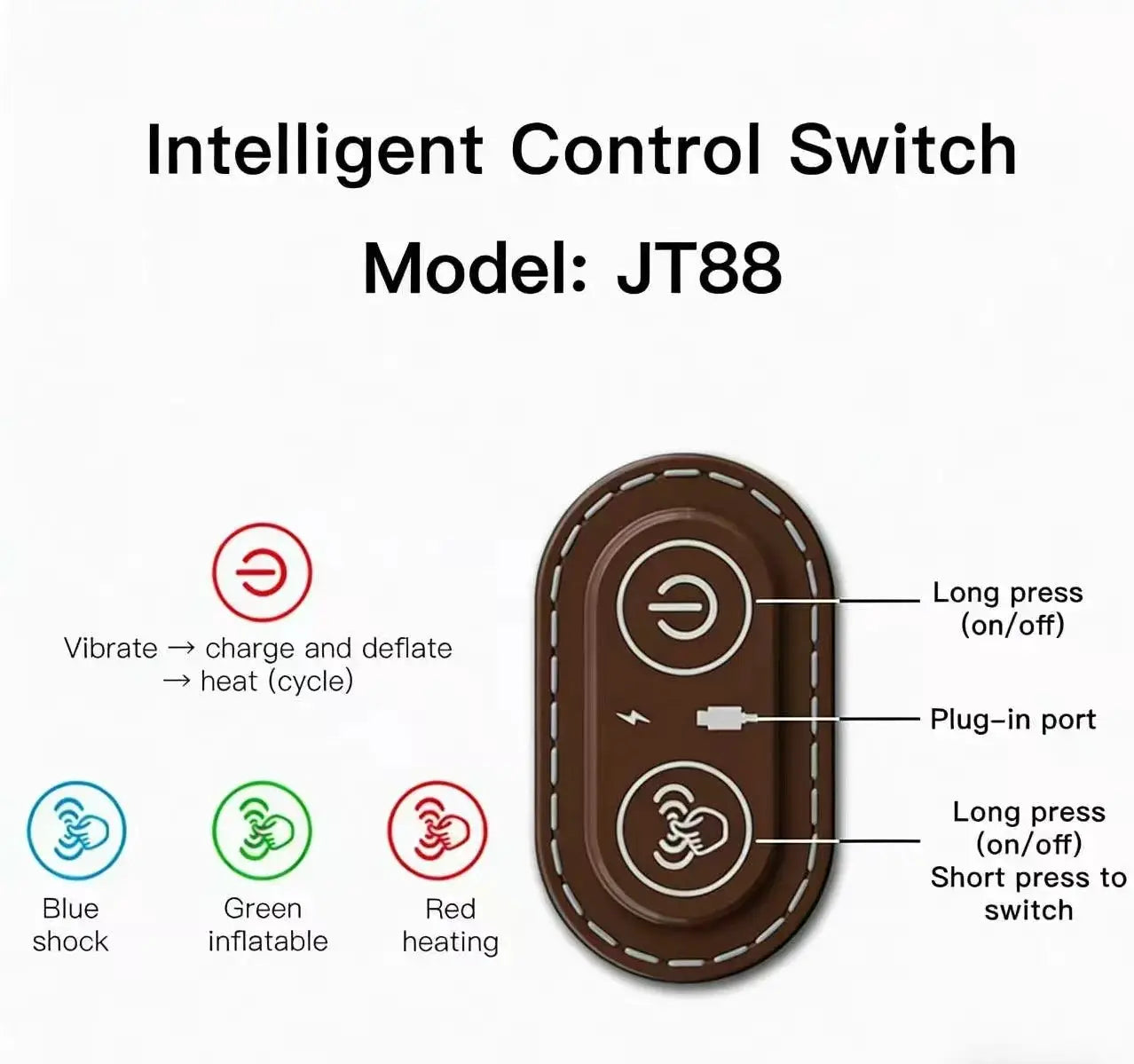 Simples Market neck massager remote JT88 with intelligent switch; shows on/off, plug-in port, blue shock, red heating
