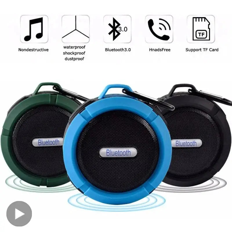 Simples Market waterproof wireless portable Bluetooth speaker trio in blue, green and black with carrying handles