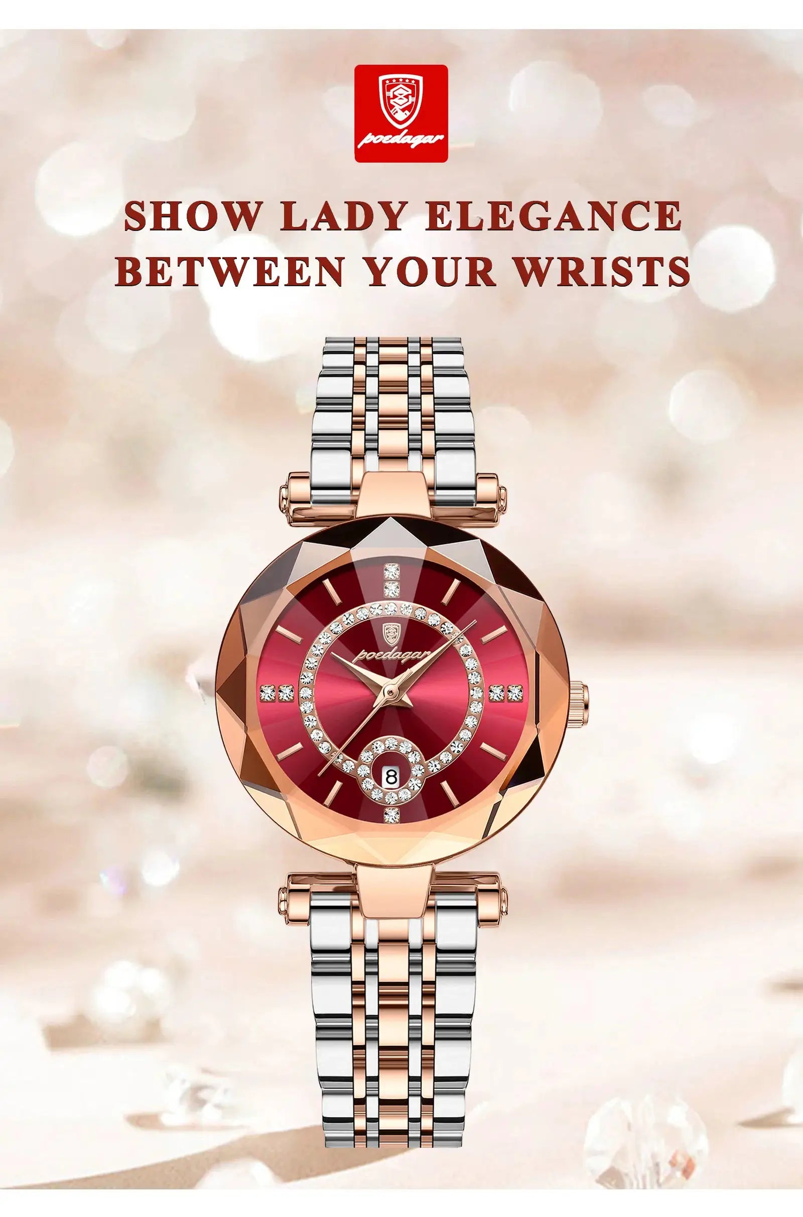 POEDAGAR women's two-tone rose gold and silver wristwatch with red dial and crystal-studded bezel.