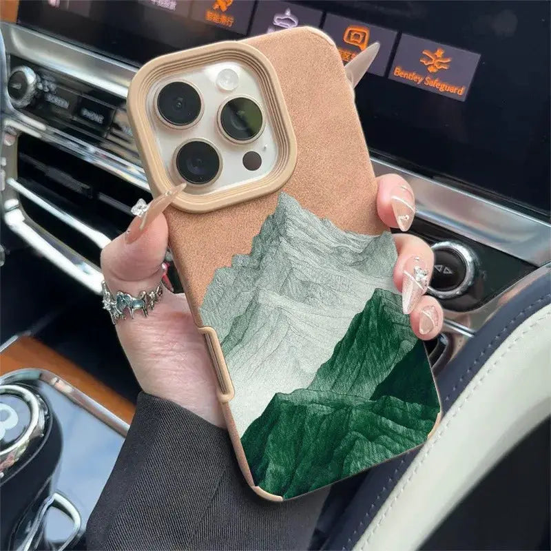 iPhone case with mountain lake scenery, tan faux-leather cover for multiple models