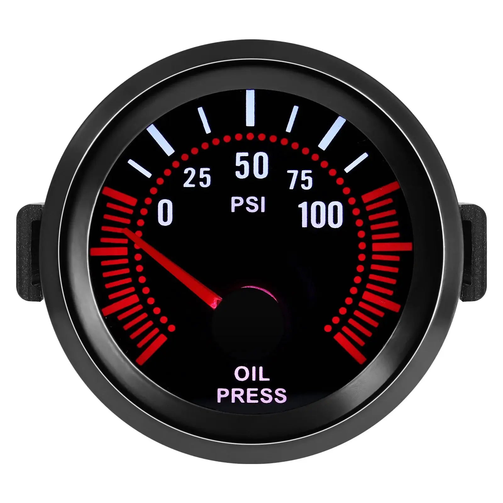 Oil pressure gauge with black dial, white PSI markings and red needle, mounting brackets