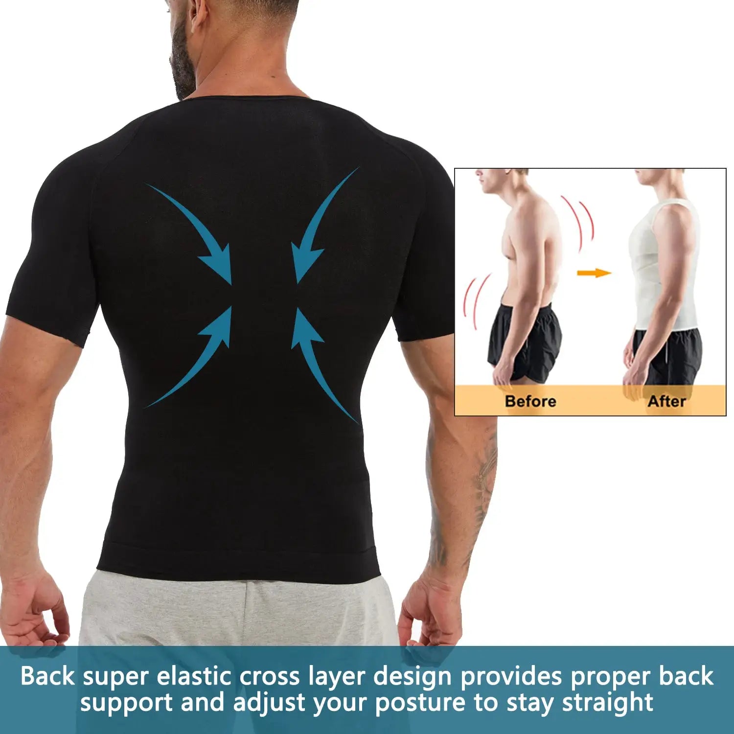 Simples Market men's black short-sleeve compression T-shirt with cross-back support for posture