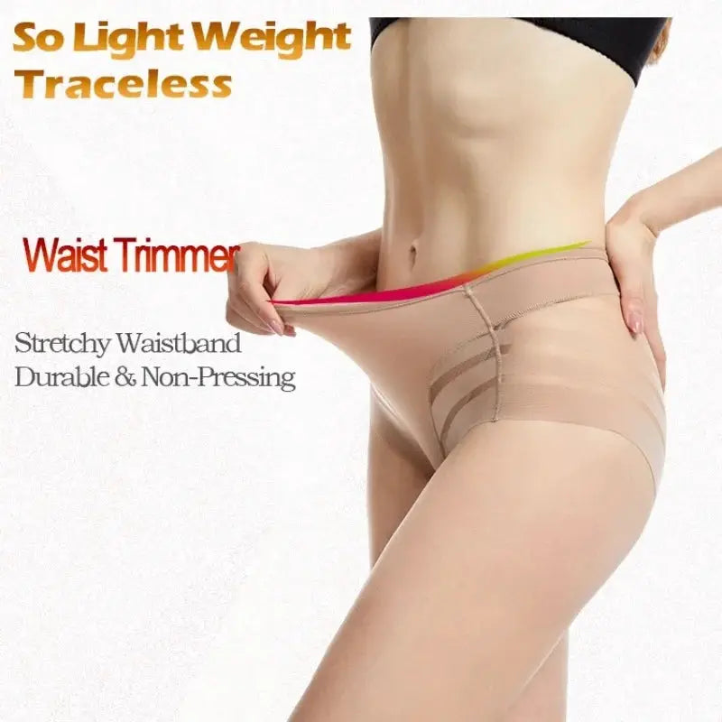 2-piece set: women's beige ice silk tummy-control panties, mid-waist shaping briefs with mesh panels