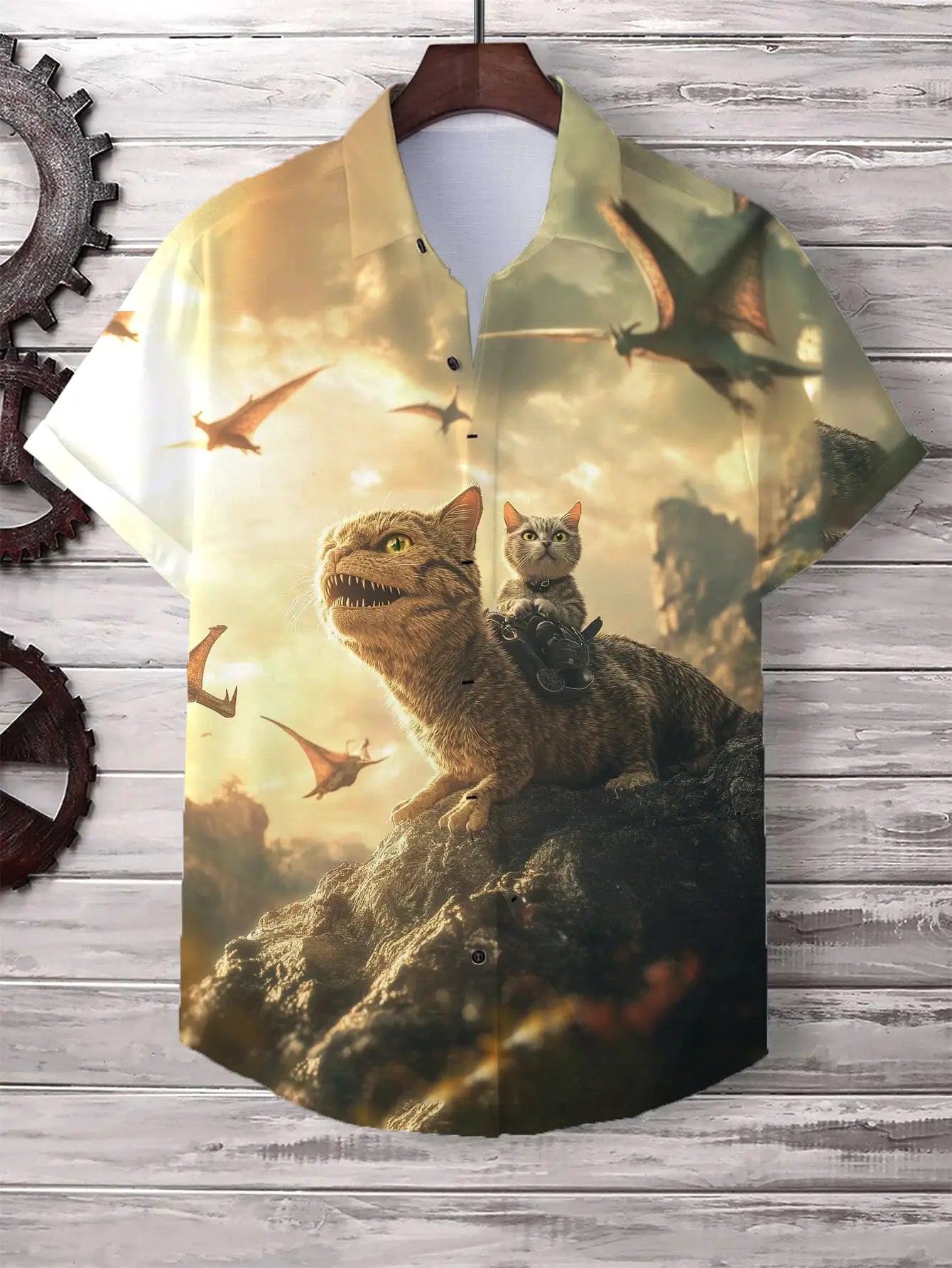 Men's cat-graphic Hawaiian shirt, oversized, beige with dinosaur and cat rider print