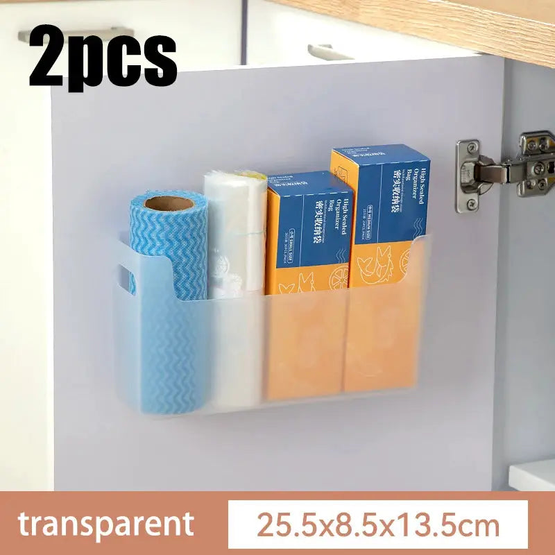 Simples Market 2pc transparent cling film rack for inside cabinet door; wall-mounted organizer for rolls.