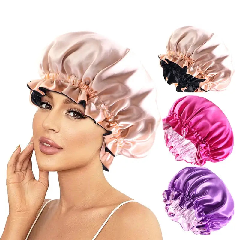 SilkNest Solid Elastic Double Layer Satin Bonnet Nightcap for Women with Gentle Sleep and Bath Hair Protection
