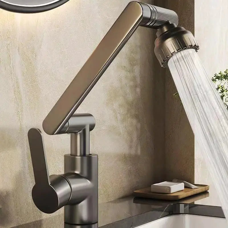 Basin faucet with rotating arm and single lever in brushed bronze finish for modern bathroom sinks