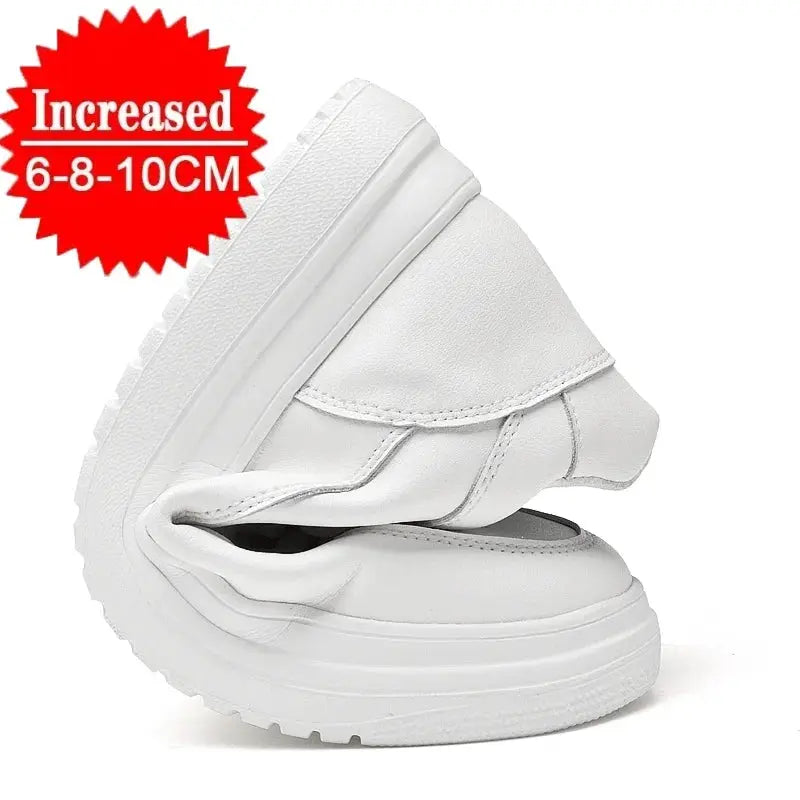 White leather elevator sneakers with thick platform sole and hidden height increase 6-8-10 cm