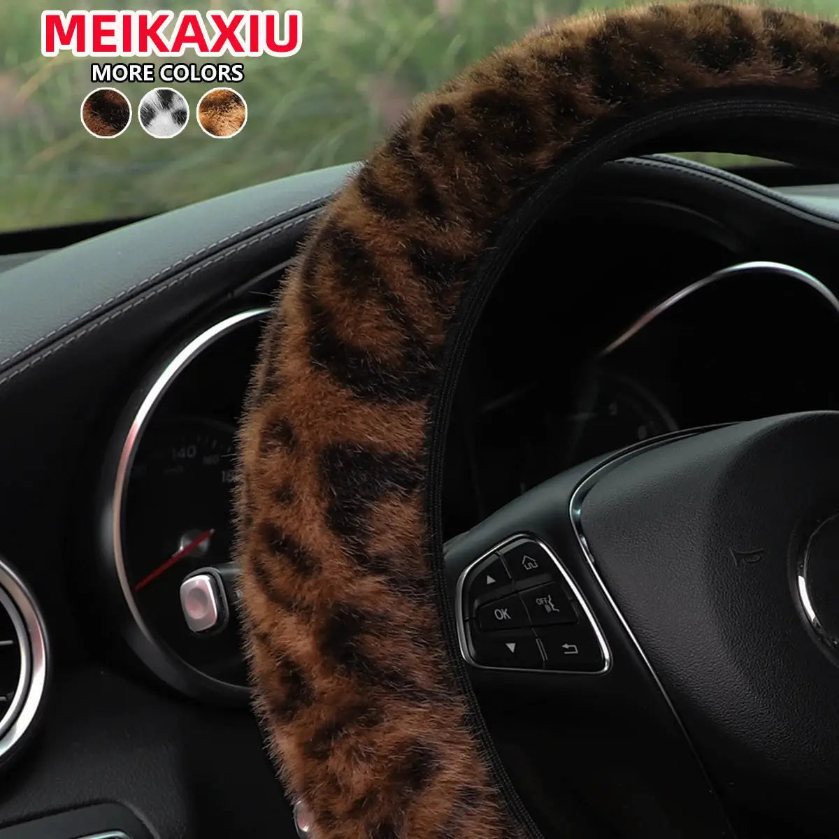 Leopard-print plush steering wheel cover for cars; brown faux fur