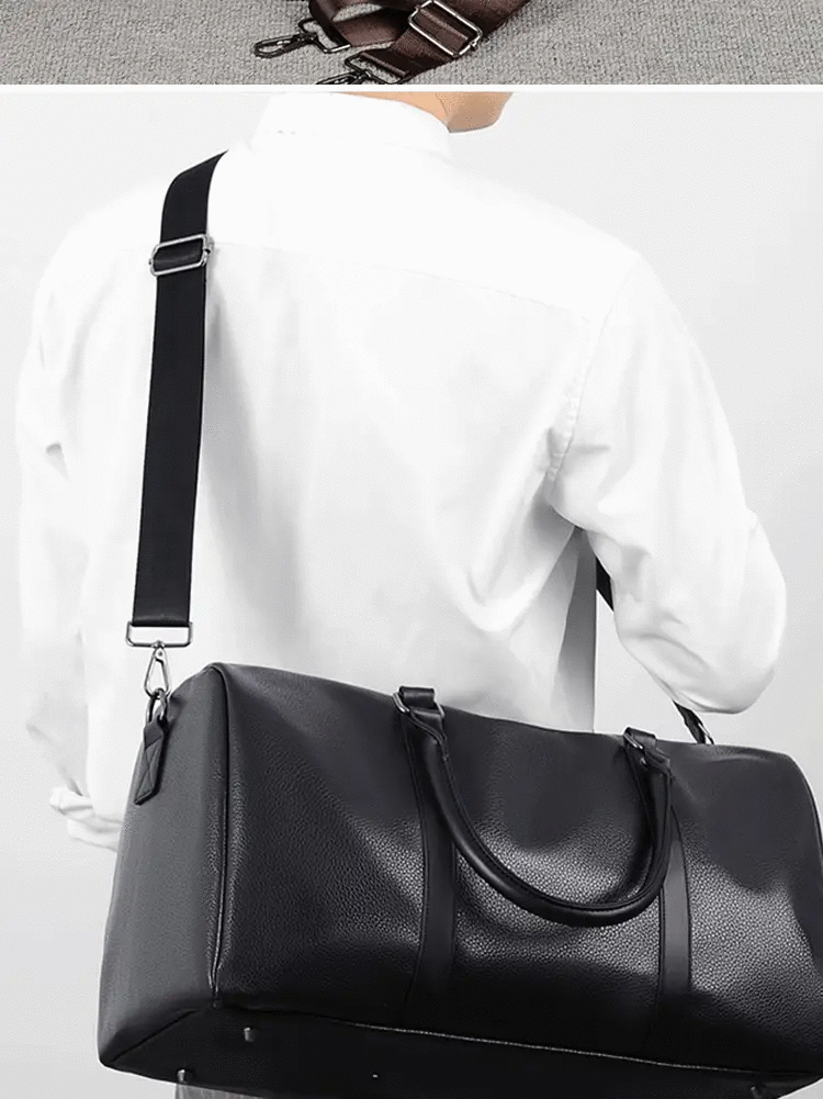 Duffel bag black PU leather, large-capacity sports travel bag with shoulder strap