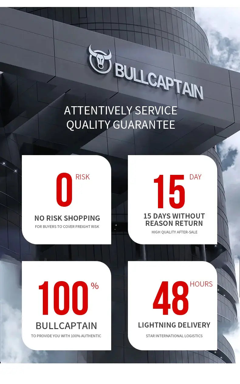 BullCaptain storefront sign with logo on a modern building, featuring service guarantee panels.